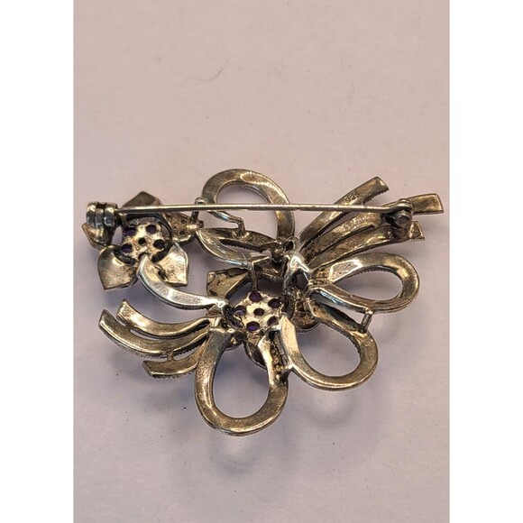 Sterling Silver Marcasite & Amethyst Flower Brooch/Pin 2.25" Wide 925 Vintage - Picture 3 of 5